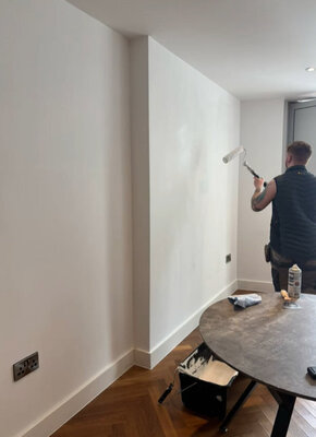 Decorator rolling fresh emulsion onto a wall during a repaint