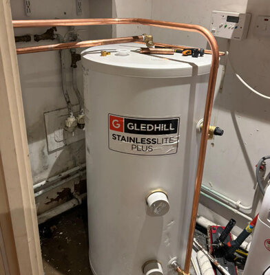Gledhill unvented hot water cylinder installed with new copper pipework